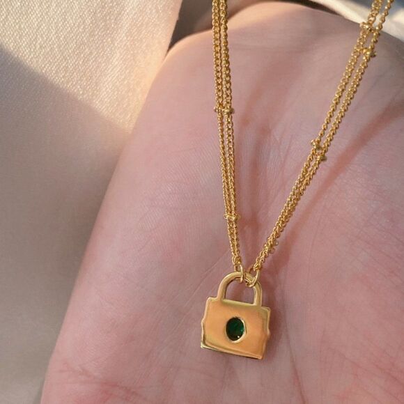 Dainty Gold Double-Layer Lock Pendant Necklace - Double Chain, Emerald Green - Picture 3 of 6